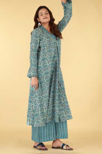Kalakaari By Sagarika_Grey Cotton V-neck Motif Print Kurta And Palazzo Set _Online_at_Aza_Fashions
