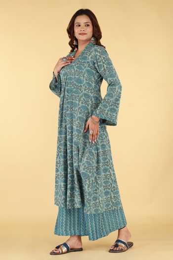 Buy_Kalakaari By Sagarika_Grey Cotton V-neck Motif Print Kurta And Palazzo Set _Online_at_Aza_Fashions