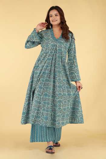 Shop_Kalakaari By Sagarika_Grey Cotton V-neck Motif Print Kurta And Palazzo Set _Online_at_Aza_Fashions