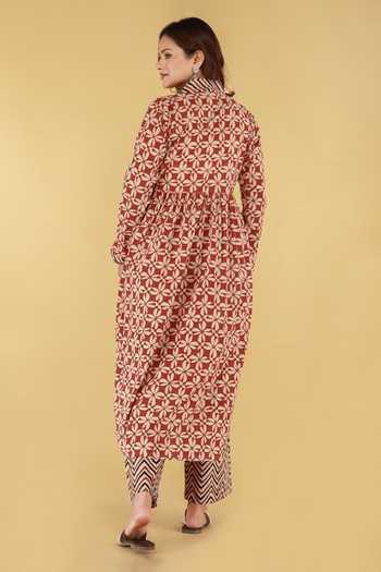 Shop_Kalakaari By Sagarika_Off White Cotton V-neck Block Printed Kurta And Palazzo Set _at_Aza_Fashions