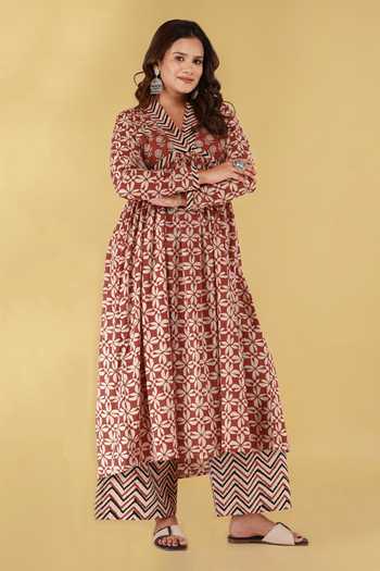 Buy_Kalakaari By Sagarika_Off White Cotton V-neck Block Printed Kurta And Palazzo Set _Online_at_Aza_Fashions