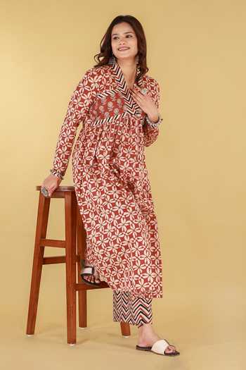 Buy_Kalakaari By Sagarika_Off White Cotton V-neck Block Printed Kurta And Palazzo Set _at_Aza_Fashions