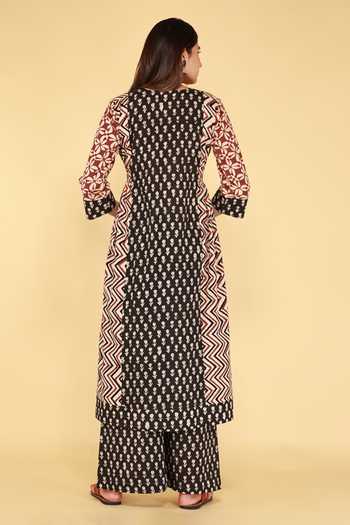 Shop_Kalakaari By Sagarika_Black Cotton Split V-neck, Yes Hand Block Print Kurta And Palazzo Set _at_Aza_Fashions