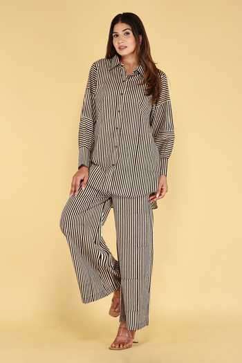 Kalakaari By Sagarika_Black Cotton Collared Stripe Print Shirt And Palazzo Set _Online_at_Aza_Fashions