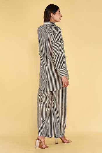 Shop_Kalakaari By Sagarika_Black Cotton Collared Stripe Print Shirt And Palazzo Set _at_Aza_Fashions