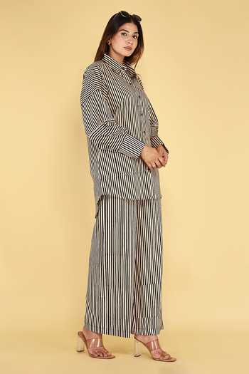 Buy_Kalakaari By Sagarika_Black Cotton Collared Stripe Print Shirt And Palazzo Set _Online_at_Aza_Fashions