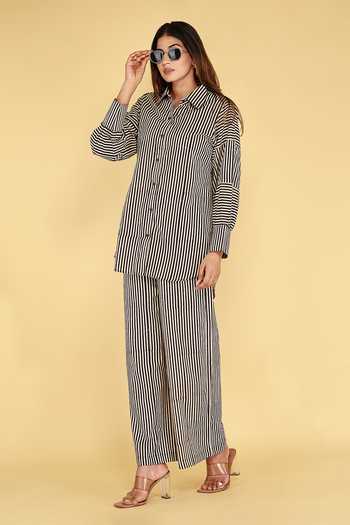 Shop_Kalakaari By Sagarika_Black Cotton Collared Stripe Print Shirt And Palazzo Set _Online_at_Aza_Fashions