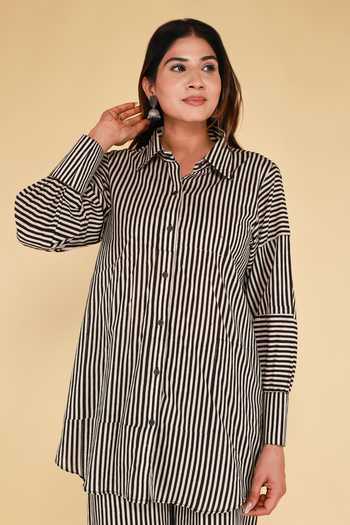 Kalakaari By Sagarika_Black Cotton Collared Stripe Print Shirt And Palazzo Set _at_Aza_Fashions
