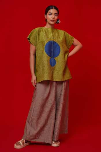 Buy_Stoique_Blue Silk Embroidery, Patchwork High Neck Lane Top _Online_at_Aza_Fashions