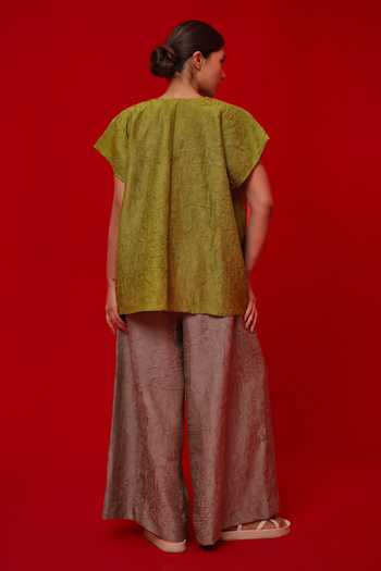 Shop_Stoique_Blue Silk Embroidery, Patchwork High Neck Lane Top _at_Aza_Fashions