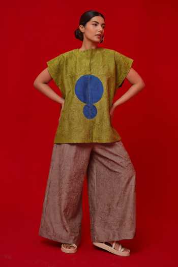 Stoique_Blue Silk Embroidery, Patchwork High Neck Lane Top _at_Aza_Fashions
