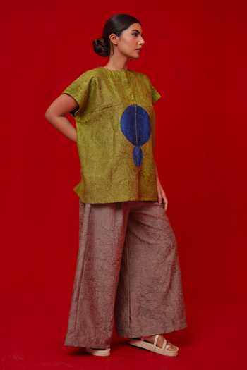 Shop_Stoique_Blue Silk Embroidery, Patchwork High Neck Lane Top 