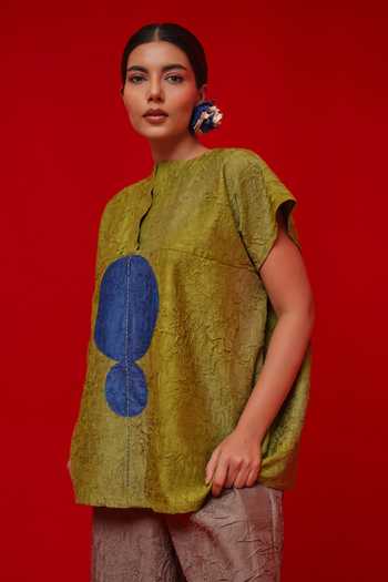 Stoique_Blue Silk Embroidery, Patchwork High Neck Lane Top _Online
