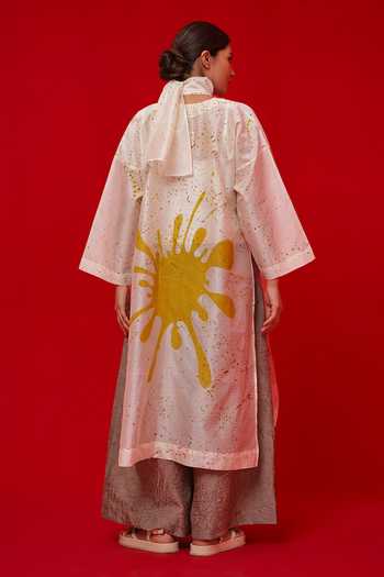 Shop_Stoique_Ivory Silk, Chanderi Split V-neck Printed Tunic _at_Aza_Fashions