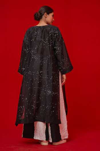 Shop_Stoique_Black Silk, Chanderi Split V-neck Seek Splatter Print Tunic _at_Aza_Fashions
