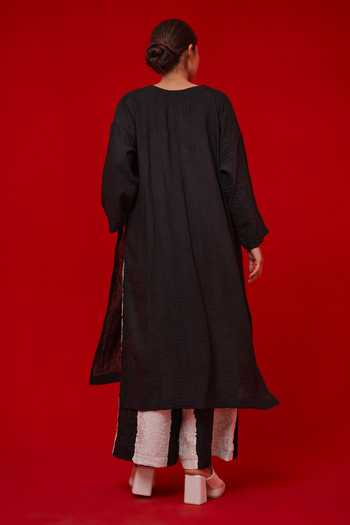 Shop_Stoique_Black Linen Embroidery V-neck Rock Salt Tunic _at_Aza_Fashions
