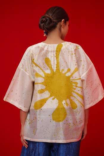 Shop_Stoique_Yellow Silk, Chanderi Mandarin Collar Printed Top _at_Aza_Fashions