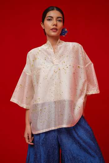 Buy_Stoique_Yellow Silk, Chanderi Mandarin Collar Printed Top _at_Aza_Fashions