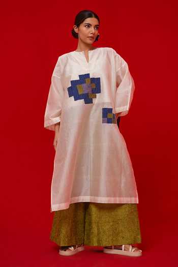 Stoique_Ivory Silk, Chanderi Patchwork Split V-neck Grace Embroidered Tunic _at_Aza_Fashions