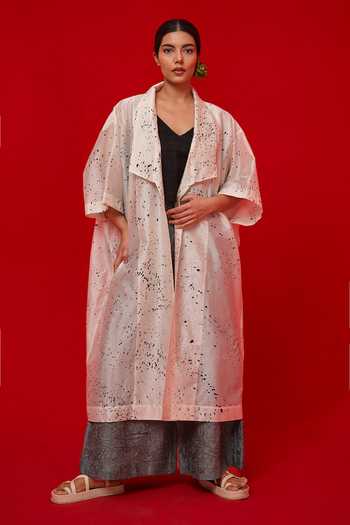 Stoique_Black Silk, Chanderi Printed Jacket _at_Aza_Fashions