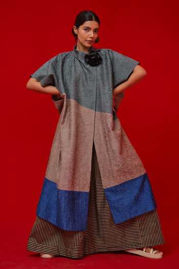 Buy_Stoique_Blue Silk V-neck Awaken Colorblock Tunic _at_Aza_Fashions