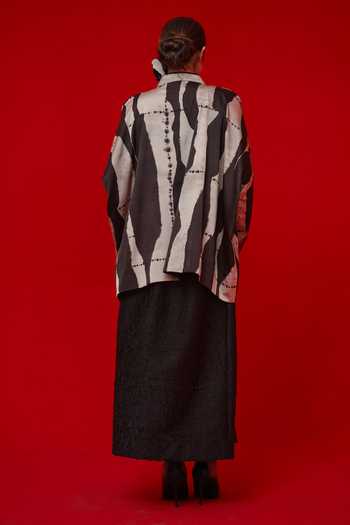 Shop_Stoique_Black Satin Shawl Neck Discover Print Overlay Jacket _at_Aza_Fashions