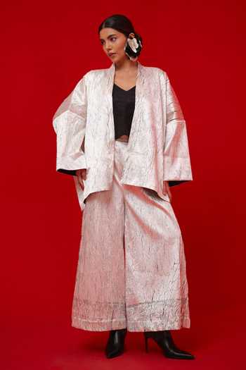 Buy_Stoique_White Silk Shawl Neck Muse Stripe Pattern Overlay Jacket _at_Aza_Fashions
