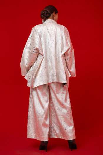 Shop_Stoique_White Silk Shawl Neck Muse Stripe Pattern Overlay Jacket _at_Aza_Fashions