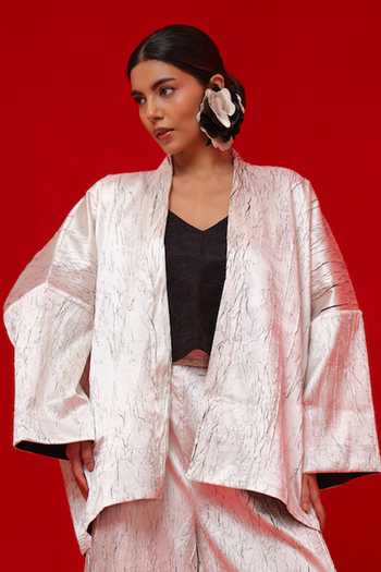 Stoique_White Silk Shawl Neck Muse Stripe Pattern Overlay Jacket _Online