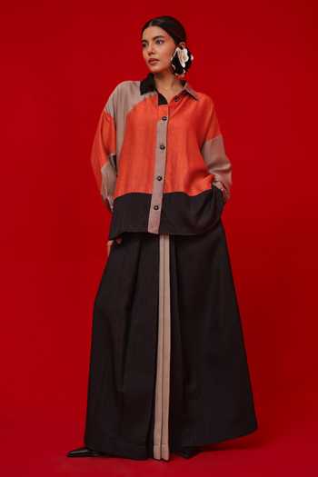 Stoique_Black Silk Collared Ponder Colorblock Shirt _Online_at_Aza_Fashions