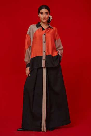 Stoique_Black Silk Collared Ponder Colorblock Shirt _at_Aza_Fashions