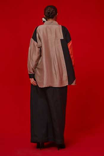 Shop_Stoique_Black Silk Collared Ponder Colorblock Shirt _at_Aza_Fashions