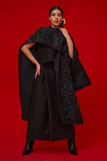 Stoique_Black Silk Embroidery Open Neck Moon Beam Overlay Jacket _Online_at_Aza_Fashions