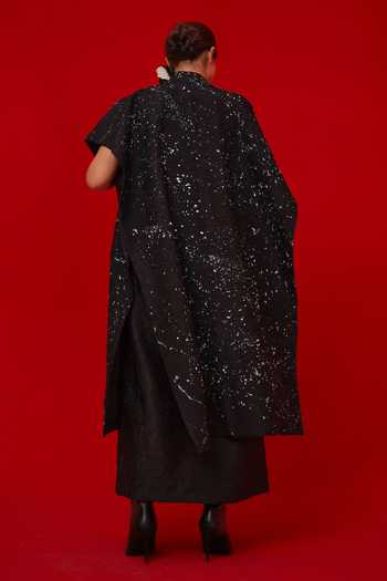 Shop_Stoique_Black Silk Embroidery Open Neck Moon Beam Overlay Jacket _at_Aza_Fashions
