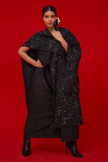 Buy_Stoique_Black Silk Embroidery Open Neck Moon Beam Overlay Jacket _at_Aza_Fashions