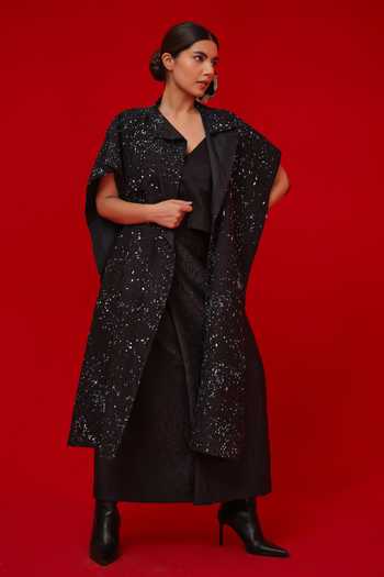 Buy_Stoique_Black Silk Embroidery Open Neck Moon Beam Overlay Jacket 