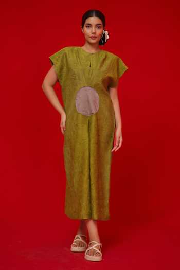 Buy_Stoique_Green Silk Round Neck Lane Textured Pattern Dress _at_Aza_Fashions