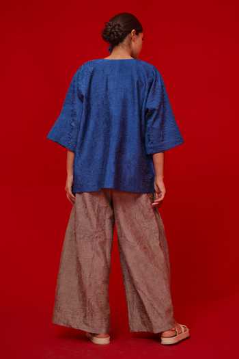 Shop_Stoique_Blue Silk Applique Split V-neck Textured Crushed Top _at_Aza_Fashions