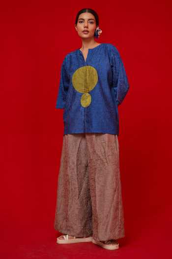 Buy_Stoique_Blue Silk Applique Split V-neck Textured Crushed Top _Online_at_Aza_Fashions