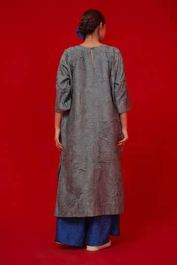 Shop_Stoique_Blue Silk Embroidery Round Neck Spring Patchwork Tunic _at_Aza_Fashions