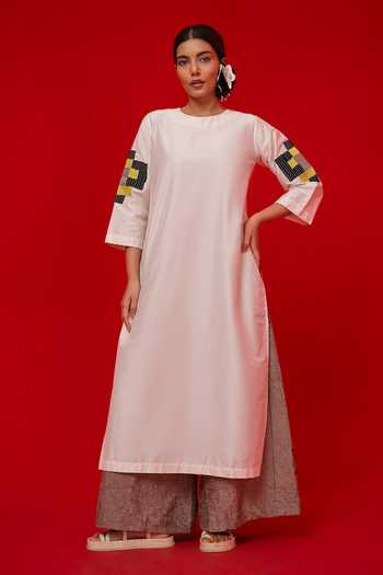 Buy_Stoique_Black Silk, Cotton Embroidery Round Neck Union Tunic _at_Aza_Fashions
