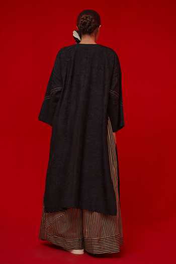 Shop_Stoique_Black Silk Applique Keyhole Neck Pepper Patchwork Embroidered Tunic _at_Aza_Fashions