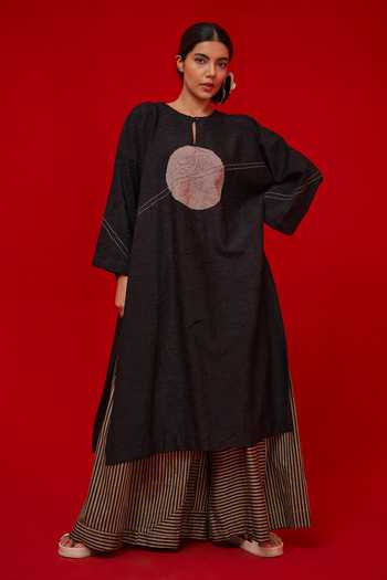 Shop_Stoique_Black Silk Applique Keyhole Neck Pepper Patchwork Embroidered Tunic _Online_at_Aza_Fashions