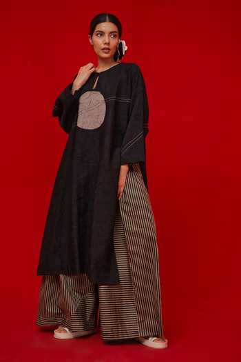 Stoique_Black Silk Applique Keyhole Neck Pepper Patchwork Embroidered Tunic _at_Aza_Fashions