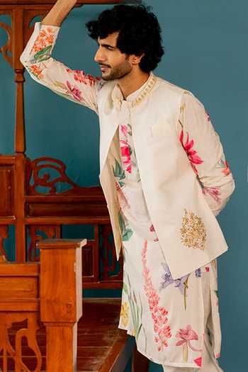 17:17 By Simmi Saboo_Ivory Silk, Cotton Floral Pattern Kurta Nehru Jacket Set _Online_at_Aza_Fashions
