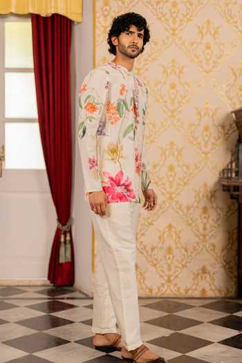 Shop_17:17 By Simmi Saboo_Ivory Silk, Cotton Floral Print Shirt _Online_at_Aza_Fashions