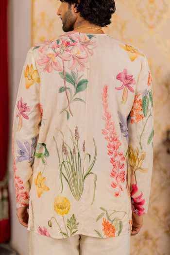 Shop_17:17 By Simmi Saboo_Ivory Silk, Cotton Floral Print Shirt _at_Aza_Fashions