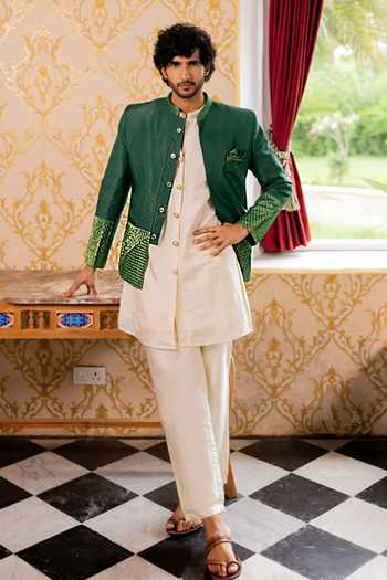 Buy_17:17 By Simmi Saboo_Green Silk, Cotton Bandhgala Kurta Set _at_Aza_Fashions