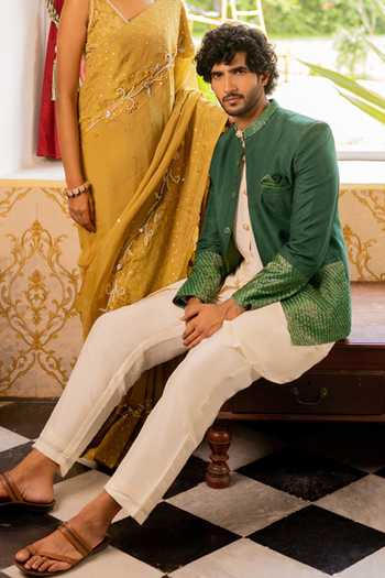 Shop_17:17 By Simmi Saboo_Green Silk, Cotton Bandhgala Kurta Set _at_Aza_Fashions