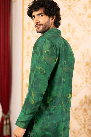 Shop_17:17 By Simmi Saboo_Green Silk, Cotton Floral Print Shirt _at_Aza_Fashions